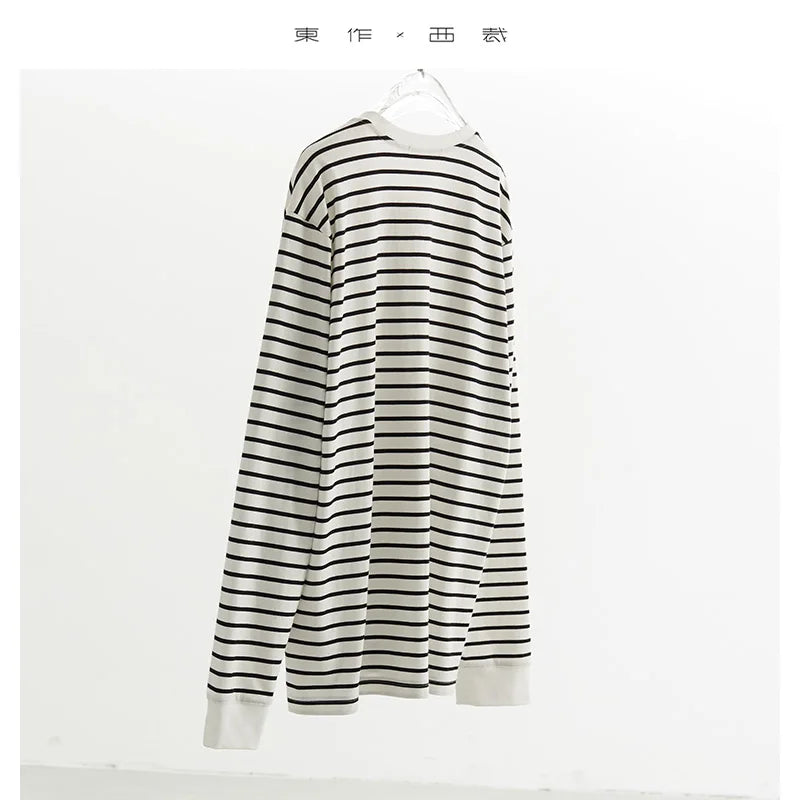 Striped T-Shirt Long-Sleeved Cotton Round-Neck Sweatshirt Loose Slimming Casual Versatile Top 2025 Autumn New Style