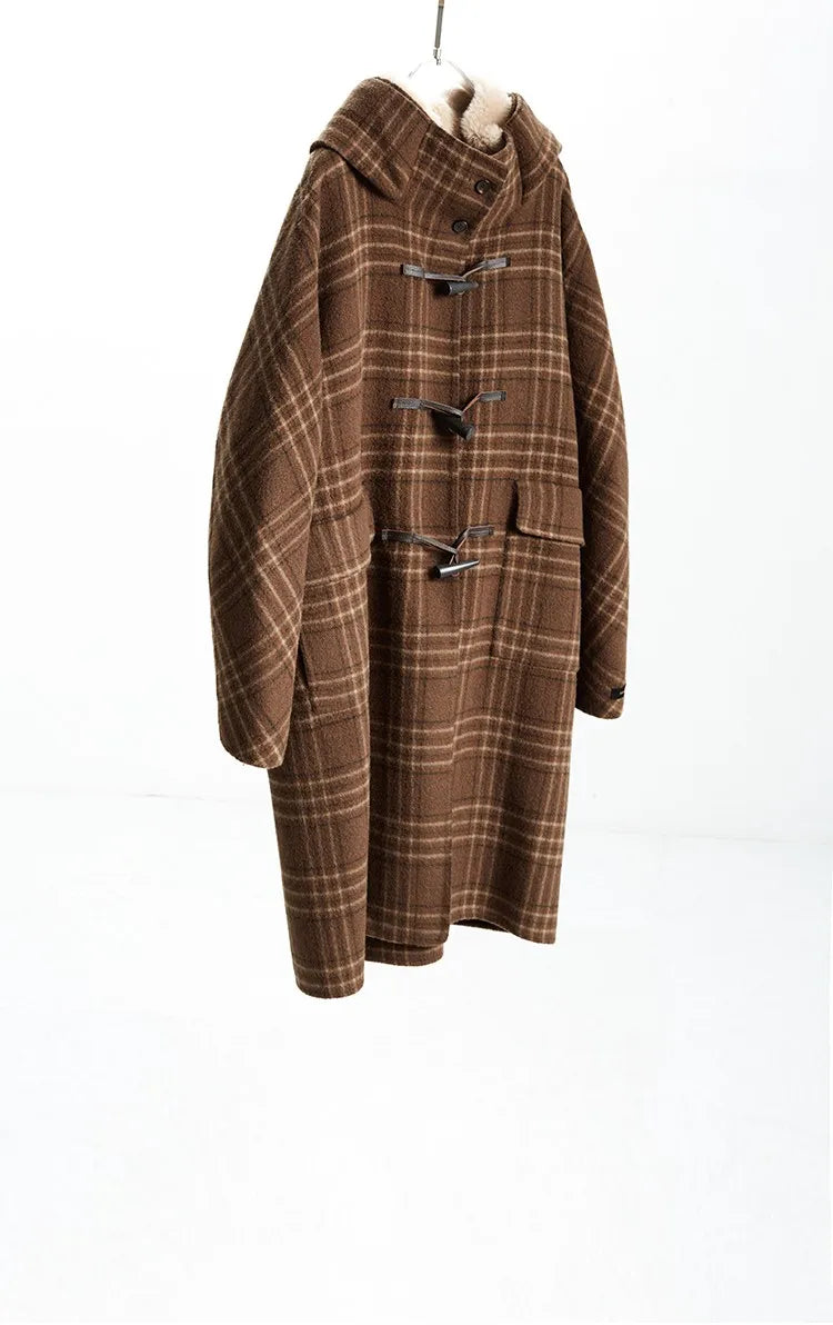 Horn-Button Coat~100% Wool Double-Sided Woolen Fabric with Contrasting Plaid, Fur Collar, Cocoon-Shaped Hooded Woolen Coat, Mid-Length for Women