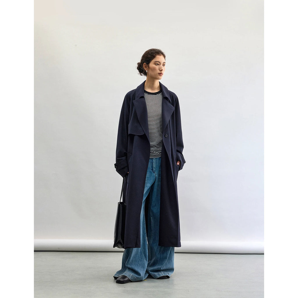 Designer Style~Navy Blue Mid-Length French Trench Coat Made of Sheep Wool, Work Clothing Casual Jacket for Women, New Style for Autumn and Winter 2025