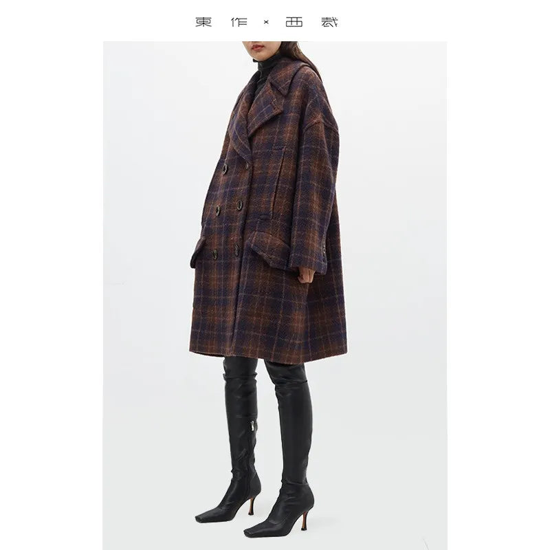 Classic Retro Plaid Woolen Coat Mid-Length Woolen Coat for Women 2025 Winter New Style
