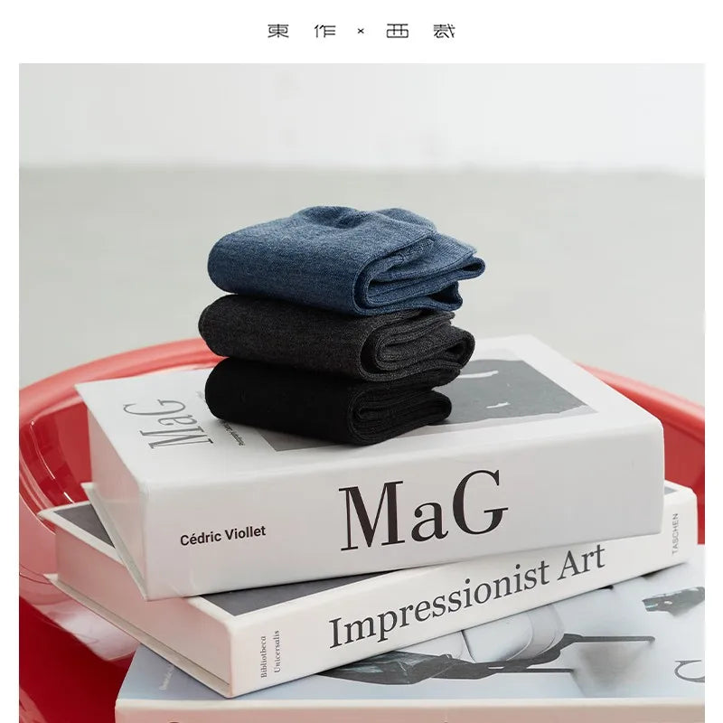 73% Merino Wool, Couple Style Mid-Calf Wool Socks, Autumn and Winter Solid Color Slouch Socks, Pack of 3 Pairs