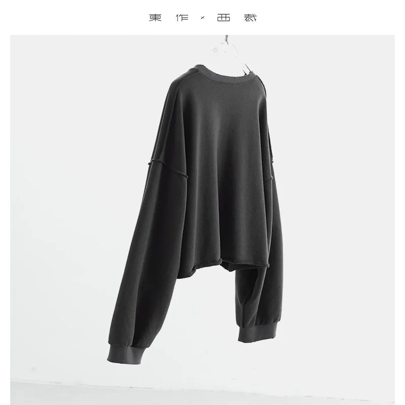 Distressed and Worn-Out Style ~ Drop Shoulder Sleeves, Round Neck Sweatshirt, American-Style Long-Sleeved Frayed Hem Short Designer Top for Women, 2025 Autumn and Winter New Collection