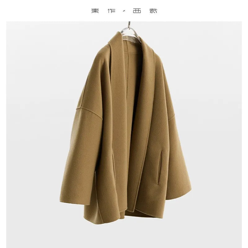 90% Wool 10% Cashmere Double-Sided Woolen Coat for Women 2025 New Style Oversized Open-Front Short Woolen Coat