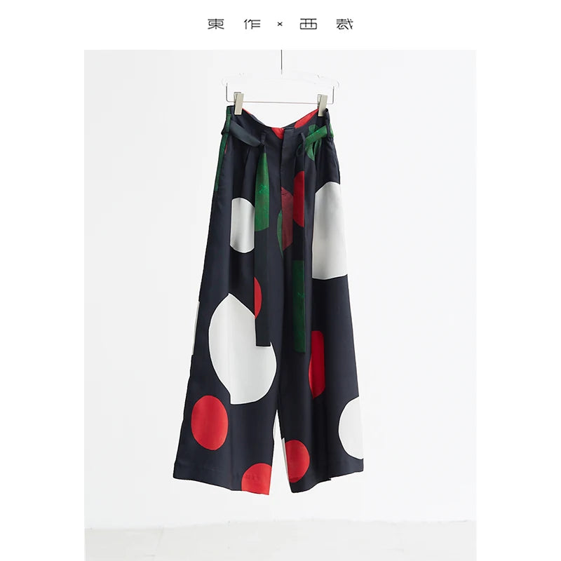 Designer Style Women's High-Waisted Large Polka Dot Casual Trousers, Tie-Waist Silk Wide-Leg Pants, Spring/Summer 2026