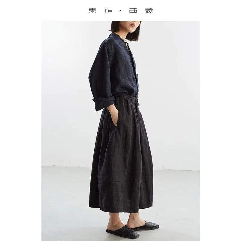 New Chinese Style~Black Floral Bud Skirt, Silk and Linen Jacquard Skirt, 2026 Spring and Summer New Style