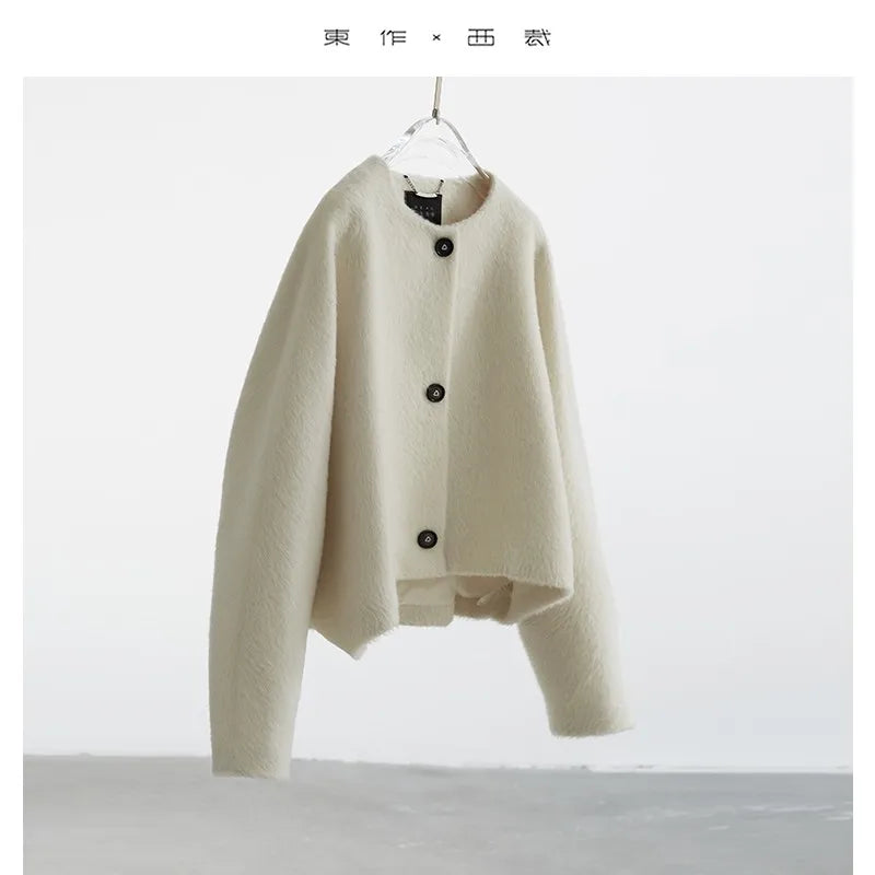 60% Alpaca, 40% Wool, Smooth Short Plush, Short Wool Coat for Petite Individuals, 2025 Autumn/Winter High-End Luxury Top