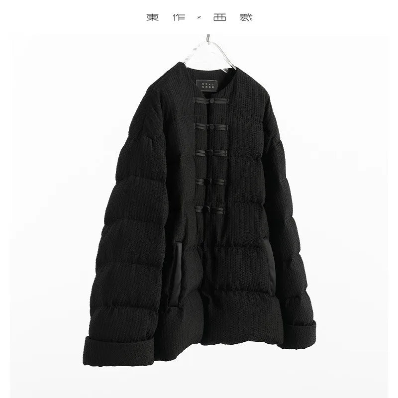 Goose Down~New Chinese Style Silk Crepe 90% down Jacket for Women, Slim Fit, Round Neck, Autumn and Winter New Model, Warm Black Coat