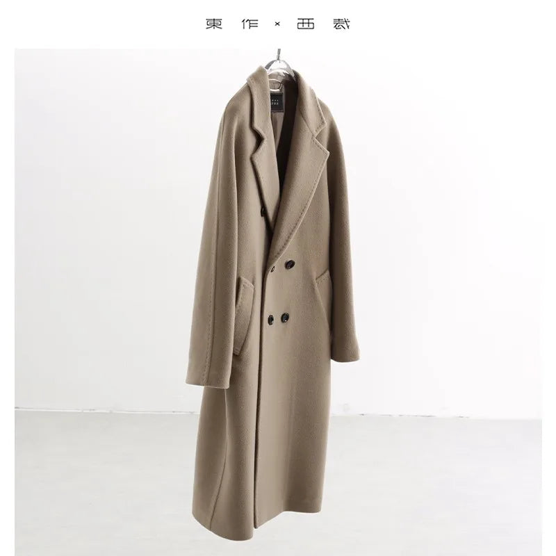 Classic Style~100% Wool Women's Single-Sided Woolen Coat, Loose Mid-Length Over-The-Knee Woolen Coat with Belt