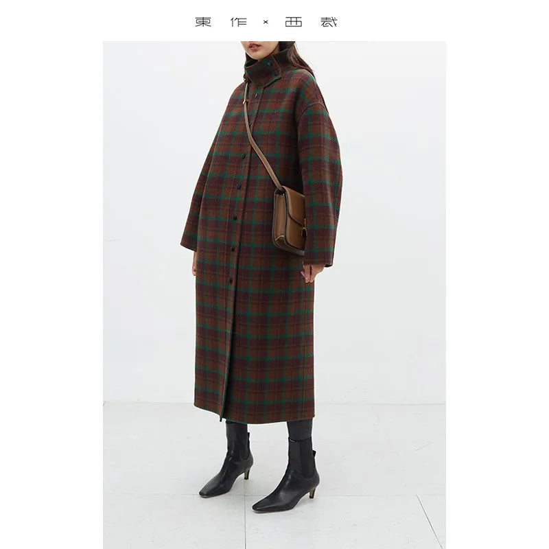 Classic Contrasting Color Plaid Coat, 100% Wool Double-Sided Woolen Long Coat, Women's Winter Wear