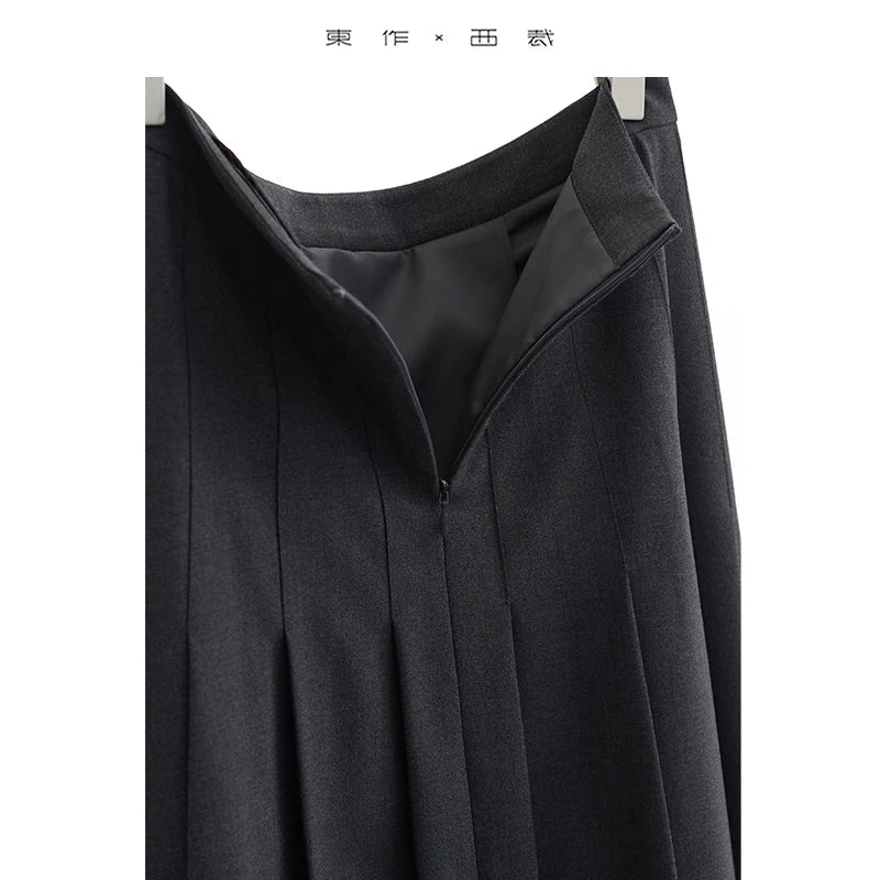 French-Style High-Waisted A-Line Pleated Skirt, Women's Autumn Slimming Artistic Long Skirt