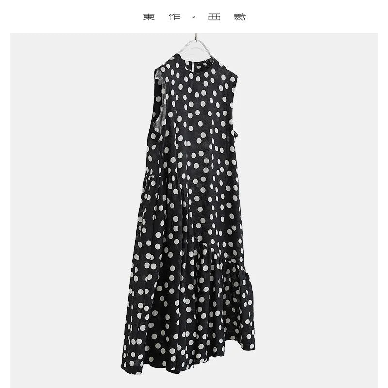 100% Linen Sleeveless Polka Dot Dress, Loose-Fitting and Slimming Long Dress
