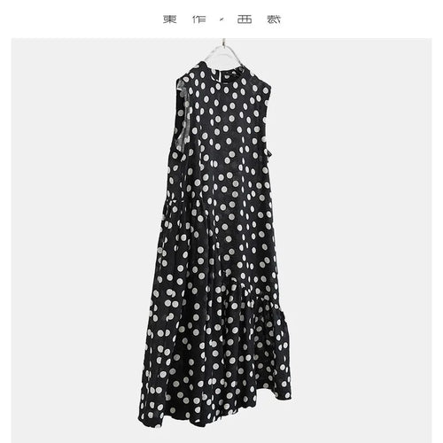 100% Linen Sleeveless Polka Dot Dress, Loose-Fitting and Slimming Long Dress