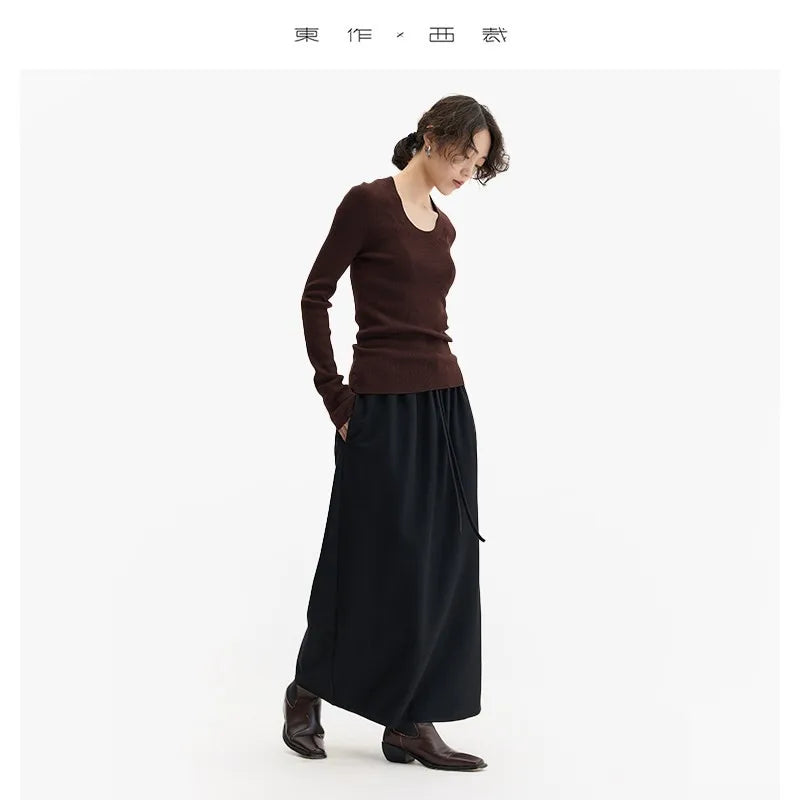 Elastic Waist 100% Wool Skirt, Women's High-Waisted Mid-Length Skirt, New Style for Autumn and Winter 2026