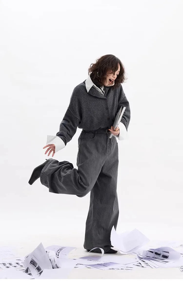 American Retro High-Waisted Washed Jeans, Casual Loose-Fitting Brushed Wide-Leg Pants, 2025 Autumn and Winter New Style for Women