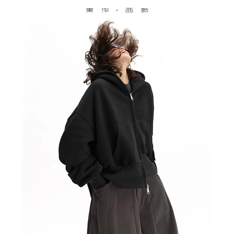 Irregular Sweatshirt ~ Black Hooded Sweatshirt Women's Jacket, All-Cotton, Loose, Casual, Slimming, New Autumn Style