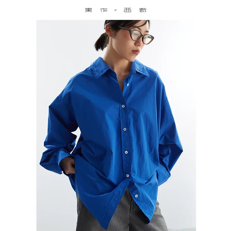 Peacock Blue Color Is Very Age-Reducing~100% Cotton Women's Loose Casual Shirt Long-Sleeved Double-Layer Collar Fringed Top 2025 Autumn and Winter New Style