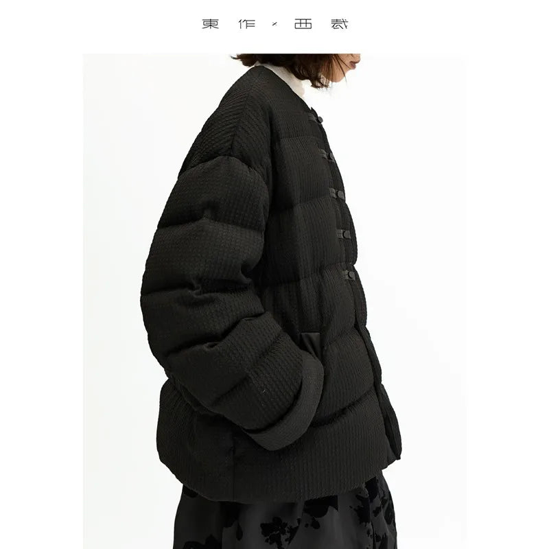 Goose Down~New Chinese Style Silk Crepe 90% down Jacket for Women, Slim Fit, Round Neck, Autumn and Winter New Model, Warm Black Coat