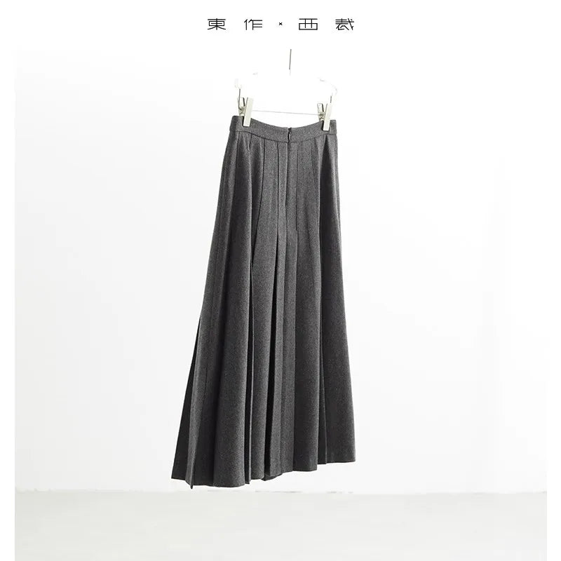 Autumn French-Style High-Waisted Pleated Skirt for Women, Wool Skirt, Slimming and Hip-Covering, College-Style Long Skirt