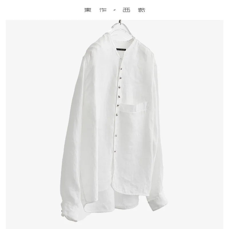 Unisex~ Summer Women's Herringbone Linen Shirt with Silver Hollow Buttons, Long-Sleeved Sun Protection Top