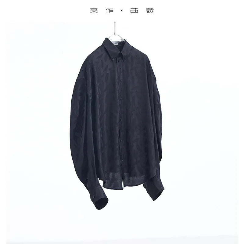 2025 Women's Summer Oversized Silk Shirt with Dark Floral Pattern, Long-Sleeved Loose Top