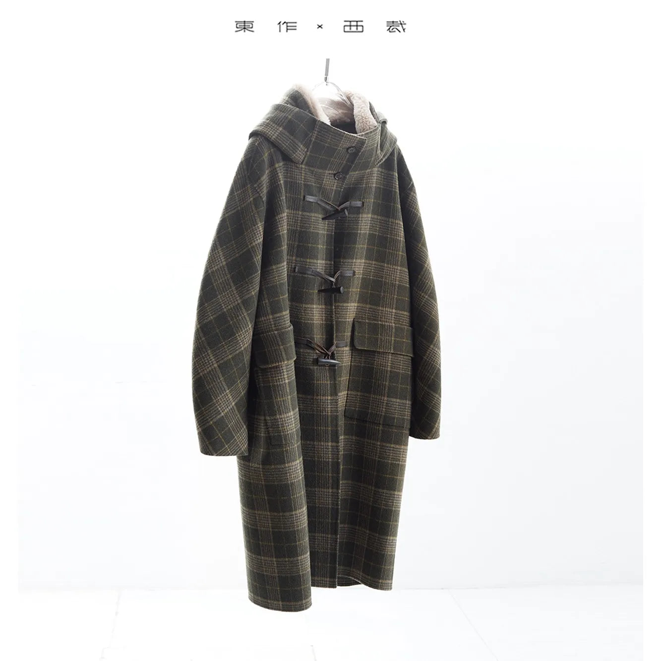 Horn-Button Coat~100% Wool Double-Sided Woolen Fabric with Contrasting Plaid, Fur Collar, Cocoon-Shaped Hooded Woolen Coat, Mid-Length for Women