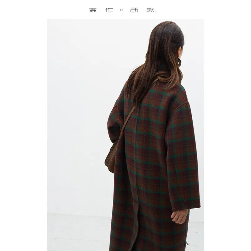 Classic Contrasting Color Plaid Coat, 100% Wool Double-Sided Woolen Long Coat, Women's Winter Wear