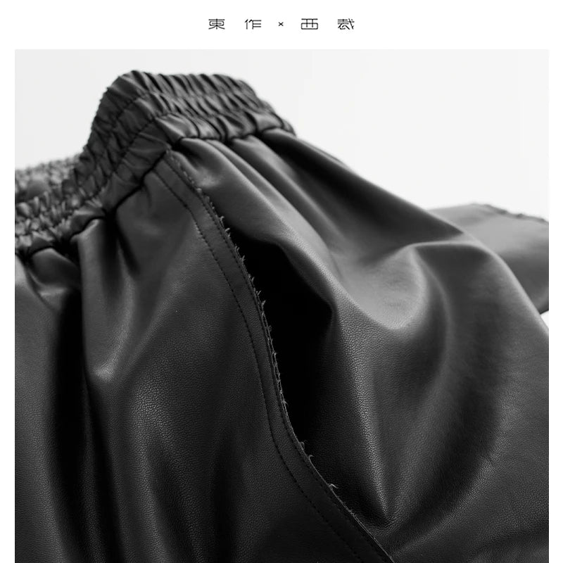 Effortlessly Cool Girl~ Mysterious Black Elastic Waist Loose Pu Leather Pants Classic Versatile Straight-Leg Pants Lazy Style Casual Pants 2025 Autumn/Winter New Style