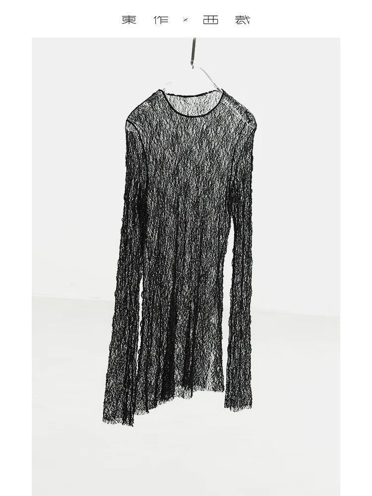 Designer Style ~ Women's Black Hollow-Out Blouse with Lace, Sexy Slim-Fitting Top for Outerwear, Summer 2025