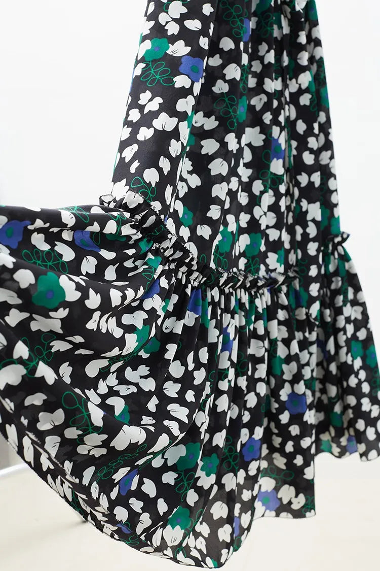 100% Mulberry Silk Women's Sleeveless Bohemian Style Dress with Small Floral Design and Long Skirt