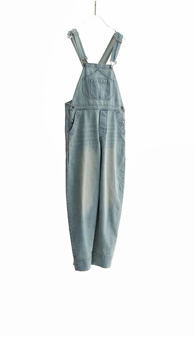 Age-Reducing, Laid-Back Style~ Women's Washed Light Blue Denim Overalls, Versatile Slim-Fit Straight-Leg Jumpsuit