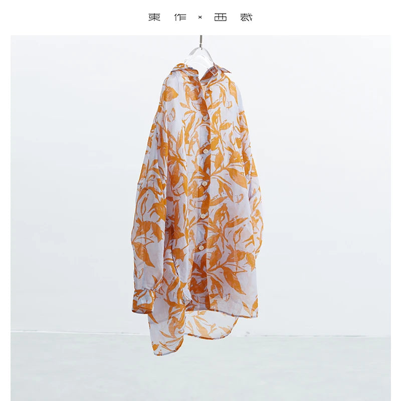 2025 Spring/Summer New Women's Brightening Summer Vibrant Orange Sunscreen Shirt Versatile Silk-Linen Printed Comfortable Outerwear Long Shirt