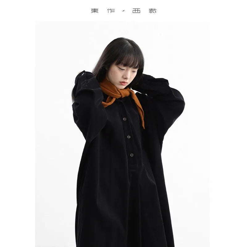 Corduroy Skirt~Pure Cotton Dress, Black Hooded Shirt-Style Long Skirt, New Winter Style