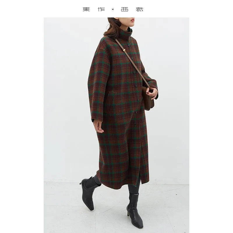 Classic Contrasting Color Plaid Coat, 100% Wool Double-Sided Woolen Long Coat, Women's Winter Wear