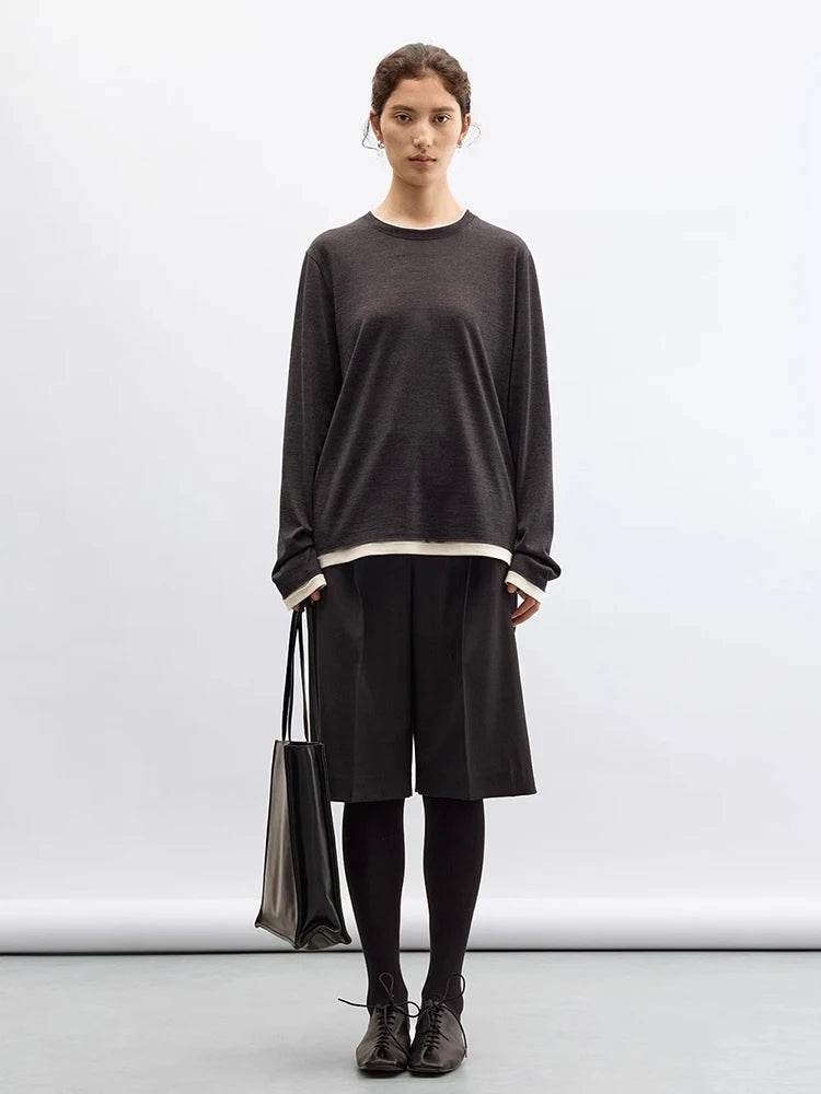 Trendy Color-Blocking Layered Look ~ All-Wool Faux Two-Piece Long-Sleeve T-Shirt for Women, Lightweight, Breathable, Loose-Fitting Crew Neck Top