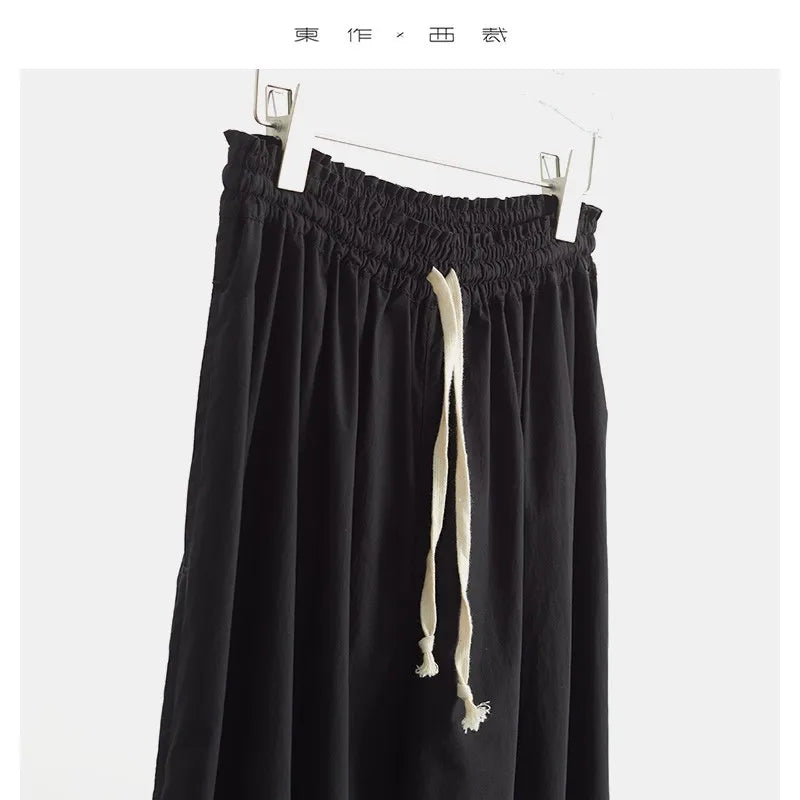 100% Cotton Women's Cropped Wide-Leg Pants with Elastic Waistband, Loose Casual Pants, Summer 2025