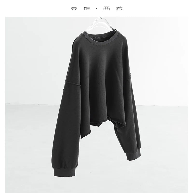 Distressed and Worn-Out Style ~ Drop Shoulder Sleeves, Round Neck Sweatshirt, American-Style Long-Sleeved Frayed Hem Short Designer Top for Women, 2025 Autumn and Winter New Collection