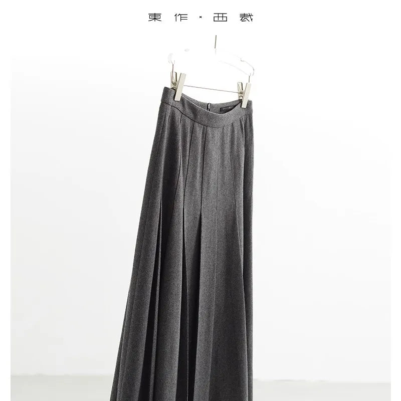 Autumn French-Style High-Waisted Pleated Skirt for Women, Wool Skirt, Slimming and Hip-Covering, College-Style Long Skirt