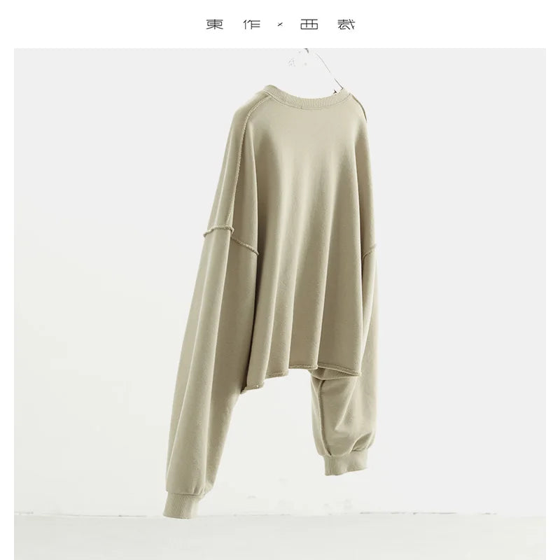 Distressed and Worn-Out Style ~ Drop Shoulder Sleeves, Round Neck Sweatshirt, American-Style Long-Sleeved Frayed Hem Short Designer Top for Women, 2025 Autumn and Winter New Collection