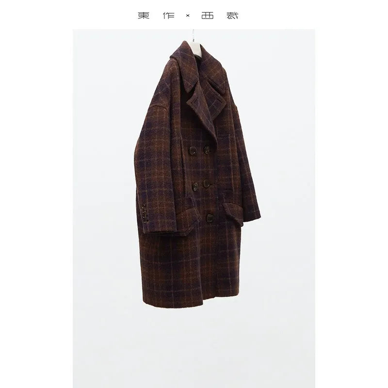 Classic Retro Plaid Woolen Coat Mid-Length Woolen Coat for Women 2025 Winter New Style