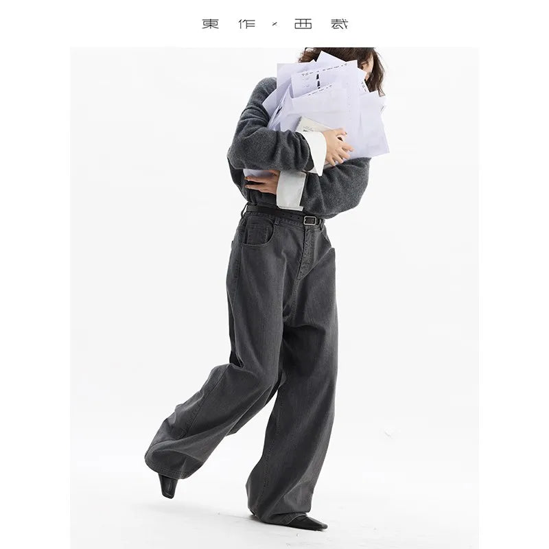 American Retro High-Waisted Washed Jeans, Casual Loose-Fitting Brushed Wide-Leg Pants, 2025 Autumn and Winter New Style for Women