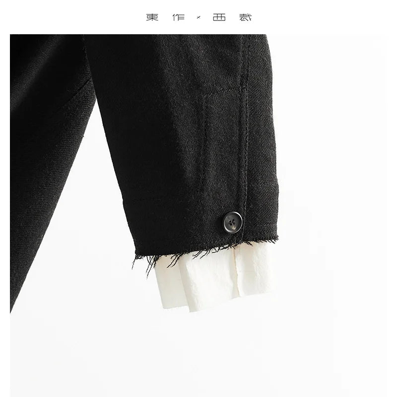 Custom Fabric Designer Style~Women's Casual Loose-Fitting Mysterious Black Blazer with Faux Two-Piece Fringed Silhouette Jacket, New for Autumn/Winter 2025