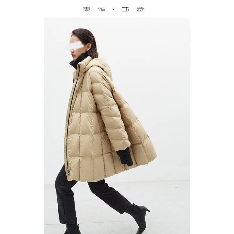 Filled with 240g White Duck Down~Designed Cape-Style down Jacket A-Line Mid-Length Coat New Women's Fashion 2025 Winter