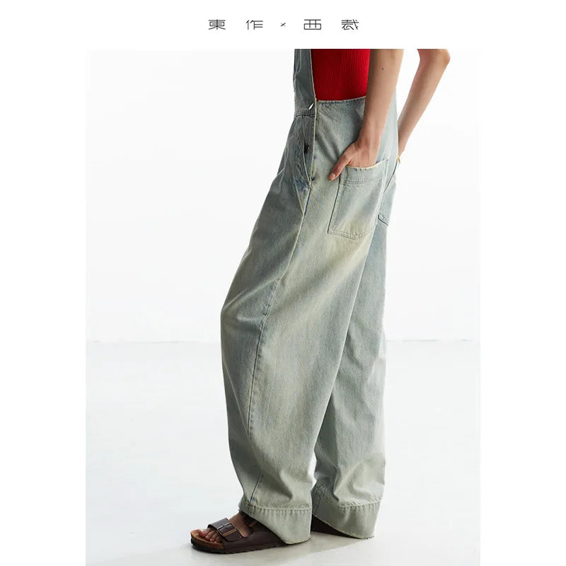 Age-Reducing, Laid-Back Style~ Women's Washed Light Blue Denim Overalls, Versatile Slim-Fit Straight-Leg Jumpsuit