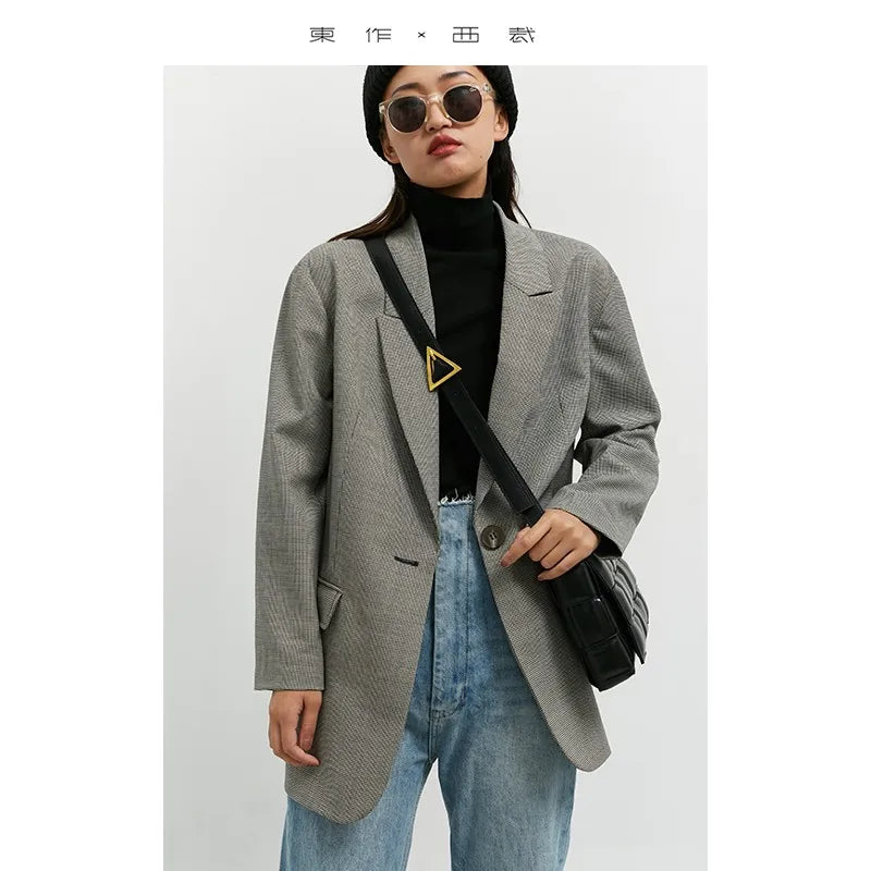 Houndstooth Pattern~Women's Oversized Casual Blazer with a Vintage Design Feel for Spring and Autumn (Without Shoulder Pads)