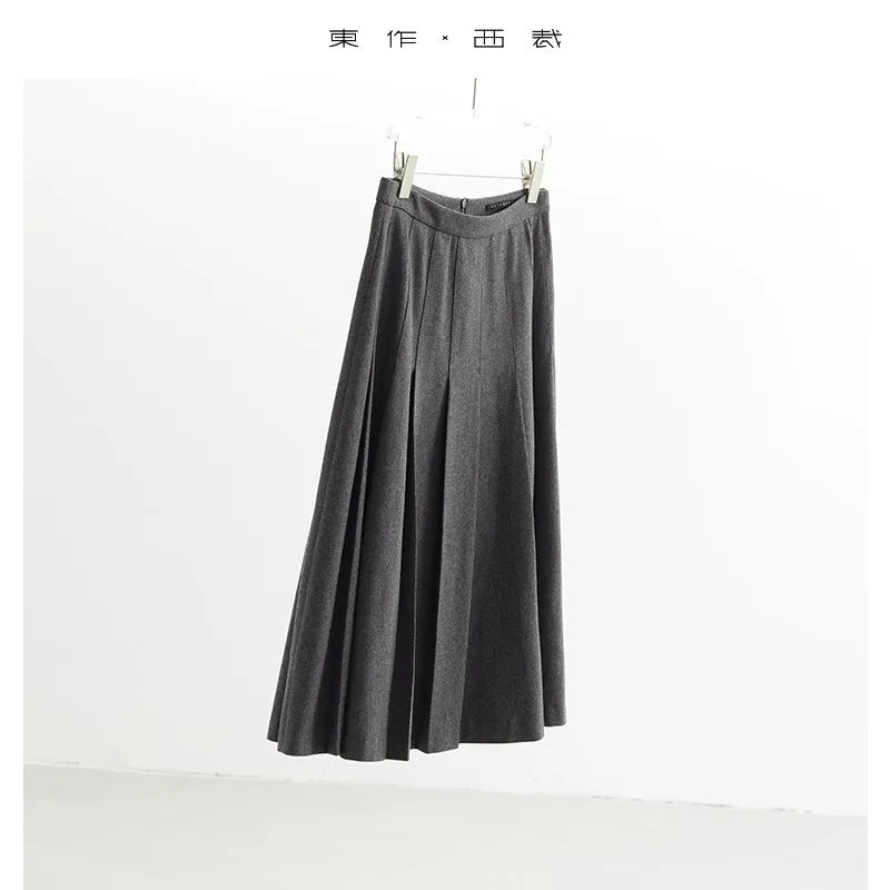 Autumn French-Style High-Waisted Pleated Skirt for Women, Wool Skirt, Slimming and Hip-Covering, College-Style Long Skirt