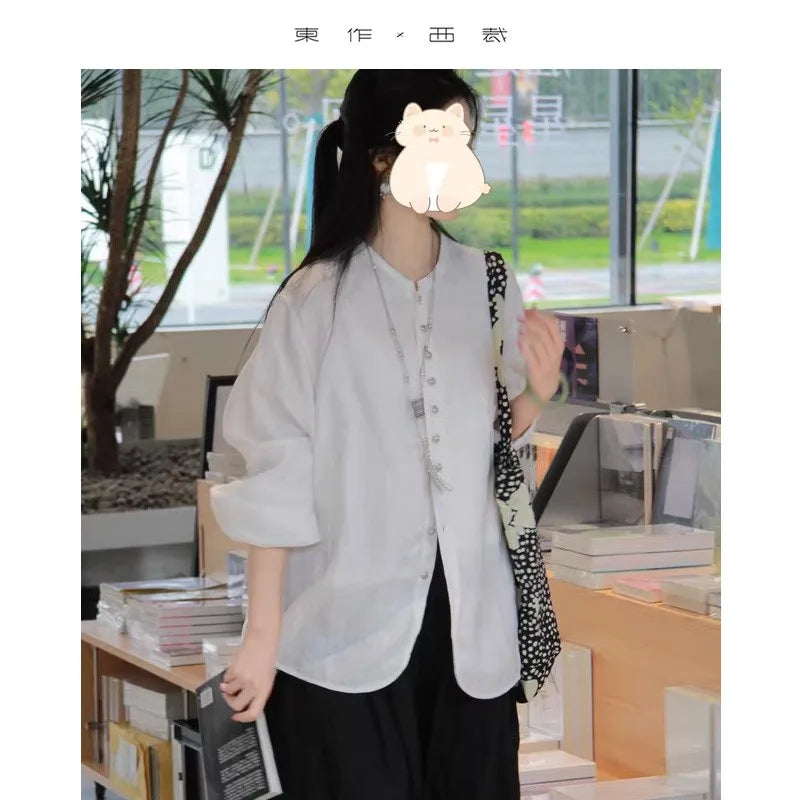 Unisex~ Summer Women's Herringbone Linen Shirt with Silver Hollow Buttons, Long-Sleeved Sun Protection Top