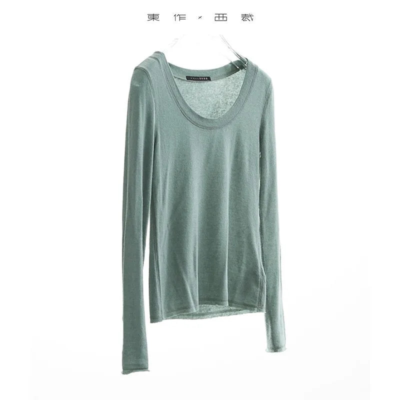 Wool Blend U-Neck Long-Sleeved T-Shirt for Women 2026 Spring New Slim-Fitting Base Shirt