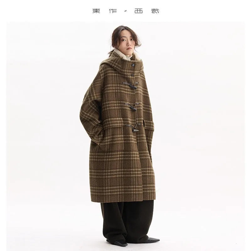 Horn-Button Coat~100% Wool Double-Sided Plaid Woolen Coat with Fur Collar, Cocoon-Shaped Hooded Woolen Coat, Mid-Length Style