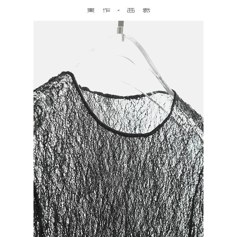 Designer Style ~ Women's Black Hollow-Out Blouse with Lace, Sexy Slim-Fitting Top for Outerwear, Summer 2025