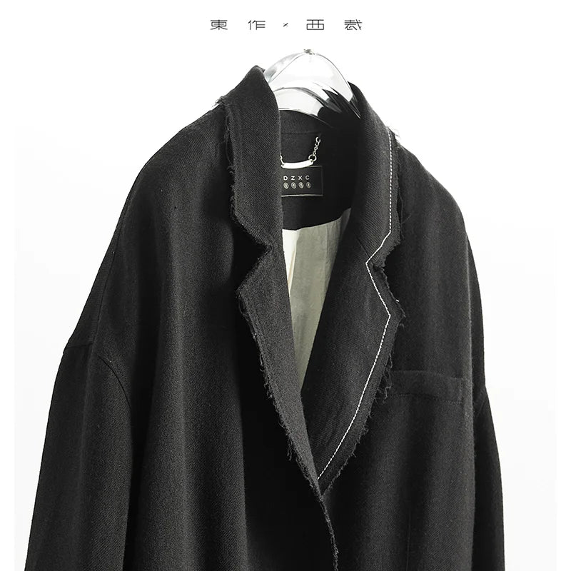 Custom Fabric Designer Style~Women's Casual Loose-Fitting Mysterious Black Blazer with Faux Two-Piece Fringed Silhouette Jacket, New for Autumn/Winter 2025